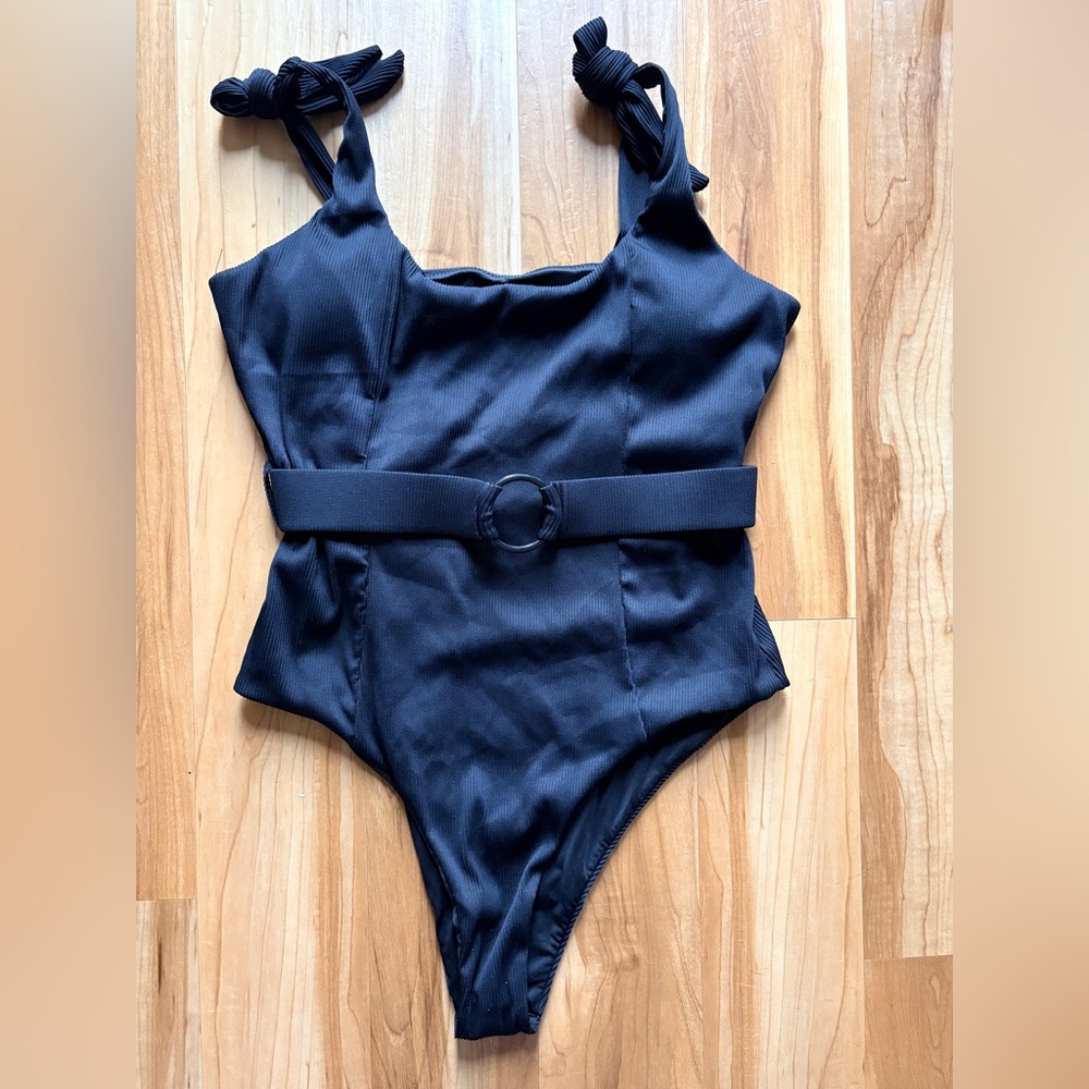 Black Belted Swimsuit with Tie Straps High Cut Legs 14
